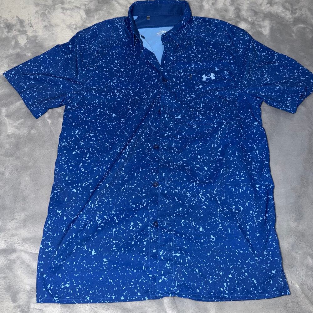 Under Armour Blue Speckle Button Down Shirt Men’s Small Short Sleeve Golf